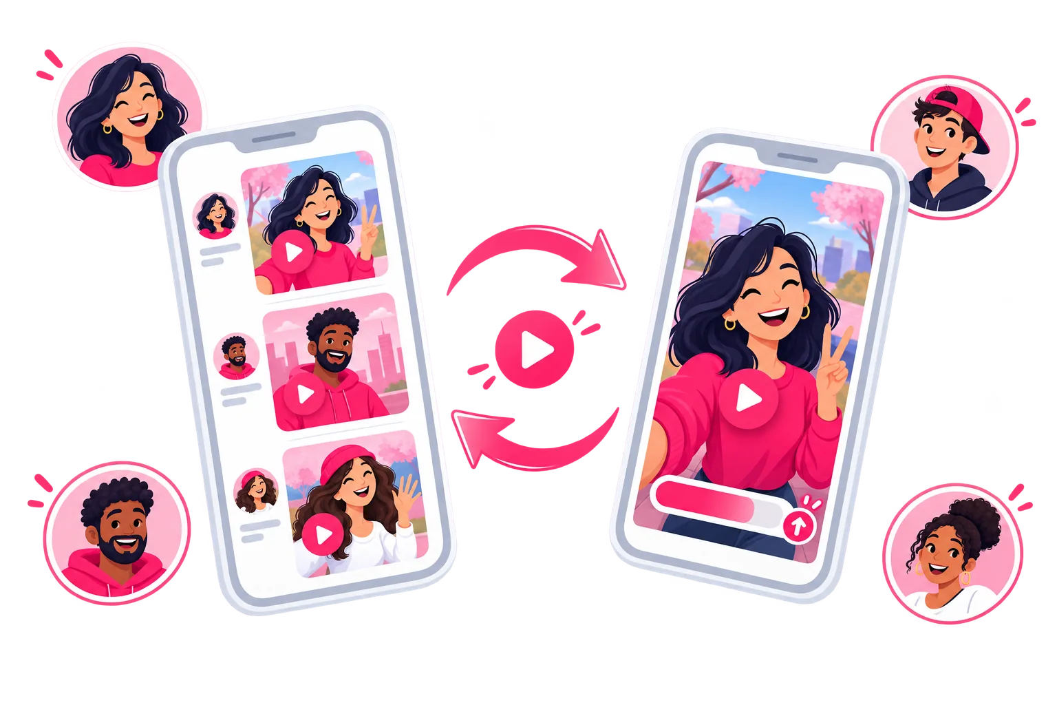 Two phones connected by a circular arrow, showing reels being opened inside an exchange app