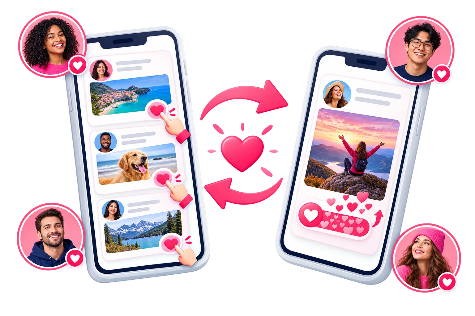 Dos celulares unidos por una flecha circular, mostrando publicaciones que reciben likes dentro de una app de intercambio