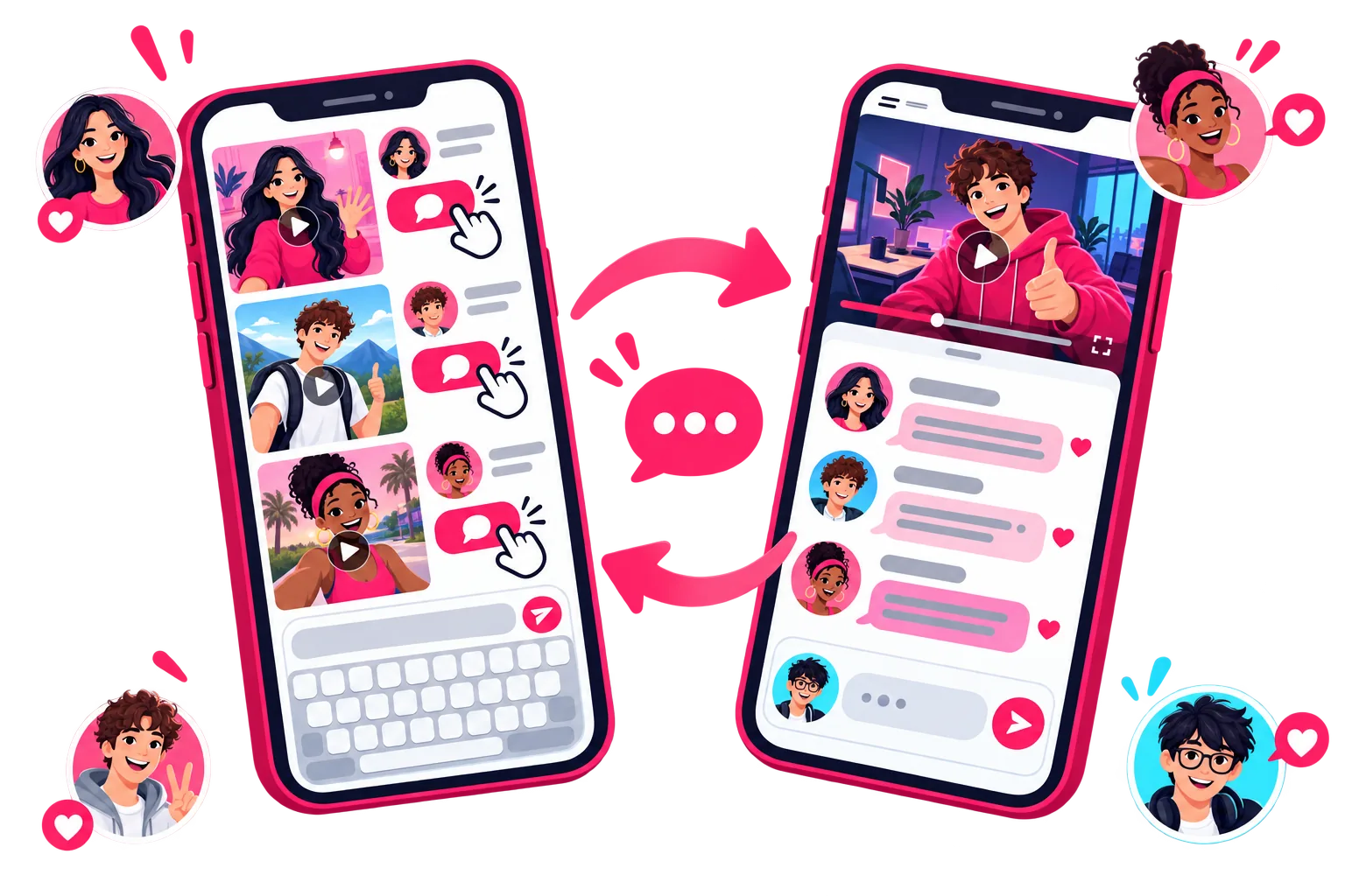 Two phones connected by a circular arrow, showing videos being commented on inside an exchange app