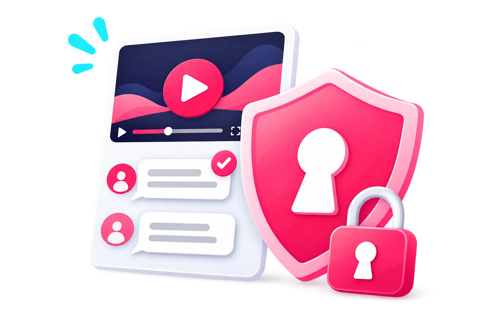 Shield with a padlock over a video card with a comment panel, representing a protected order