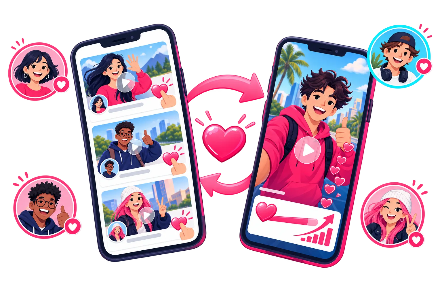 Teléfonos pasando un video de TikTok con la flecha de compartir
