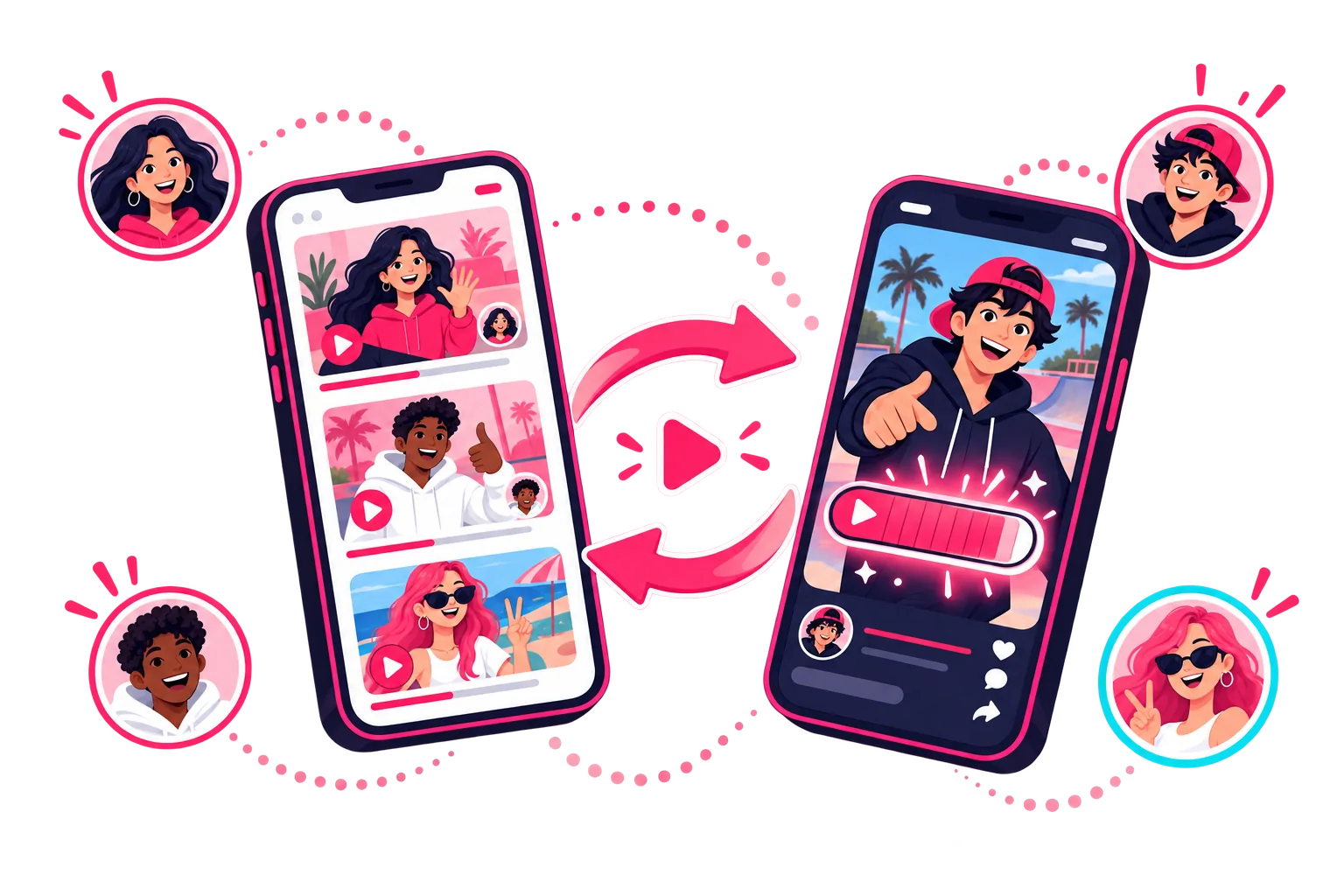 Two phones connected by a circular arrow, showing videos being opened inside an exchange app
